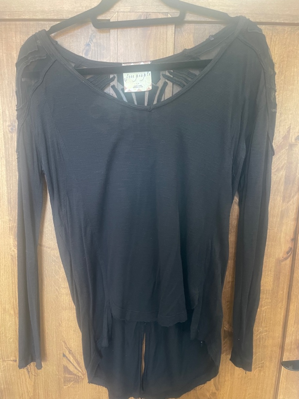 Free People Black Long Sleeve Sheer-Trim Ribbed Top
